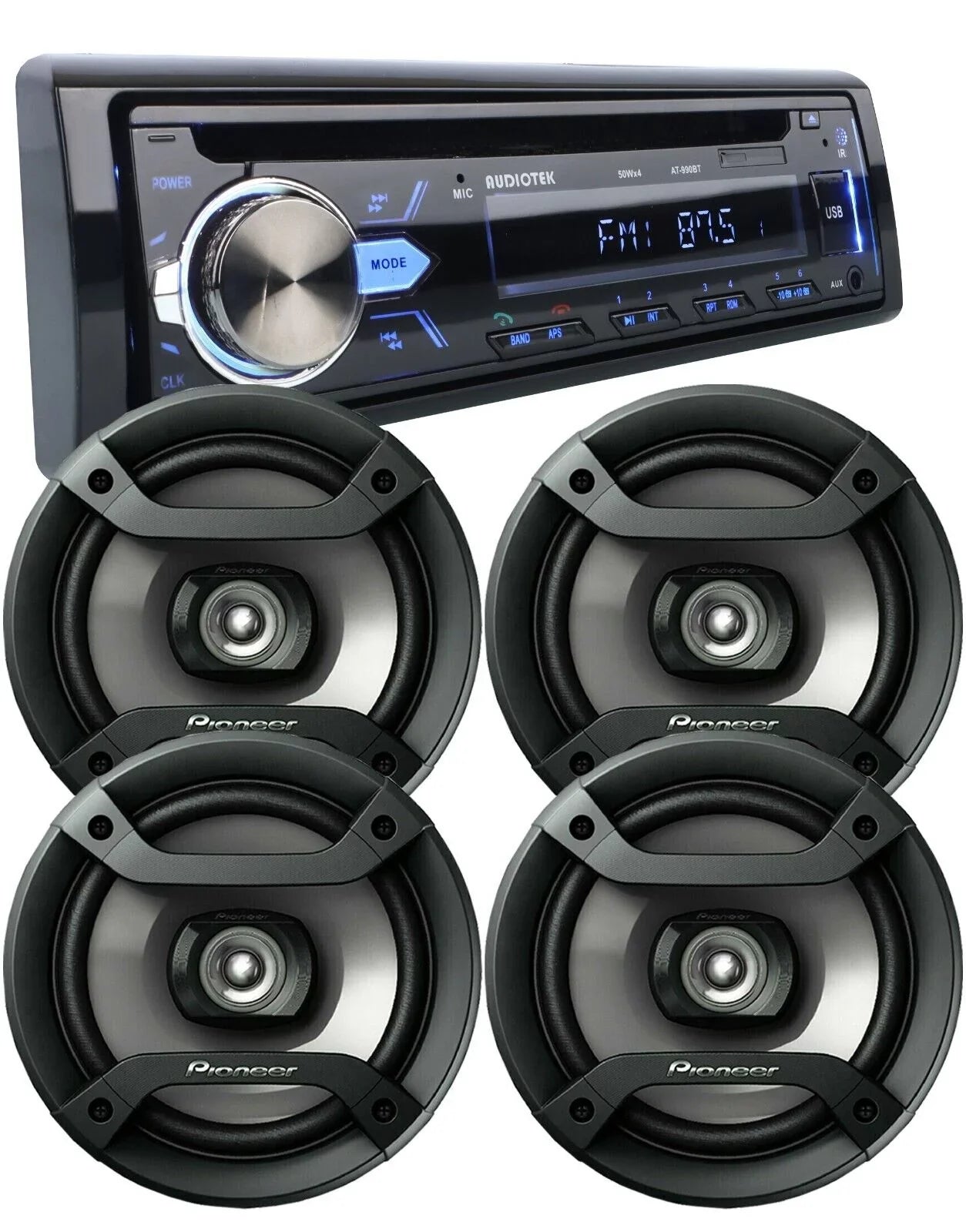 4X Pioneer 6.5" Speakers + Audiotek 1-Din Car Audio Bluetooth    Receiver Bundle