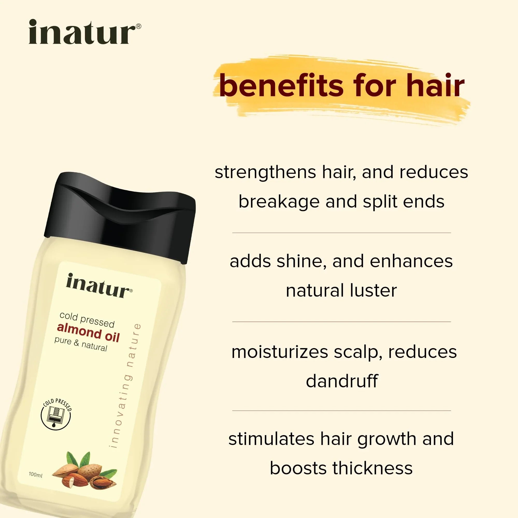 inatur Almond Oil 100 ml - 100% Pure, Cold Pressed & Organic Sweet Almond Oil - Ideal For Face, Body & Hair - Safe for Babies