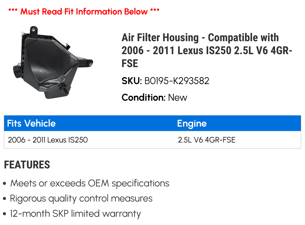 Air Filter Housing - Compatible with 2006 - 2011  2.5L  4GR- 2007 2008 2009 2010