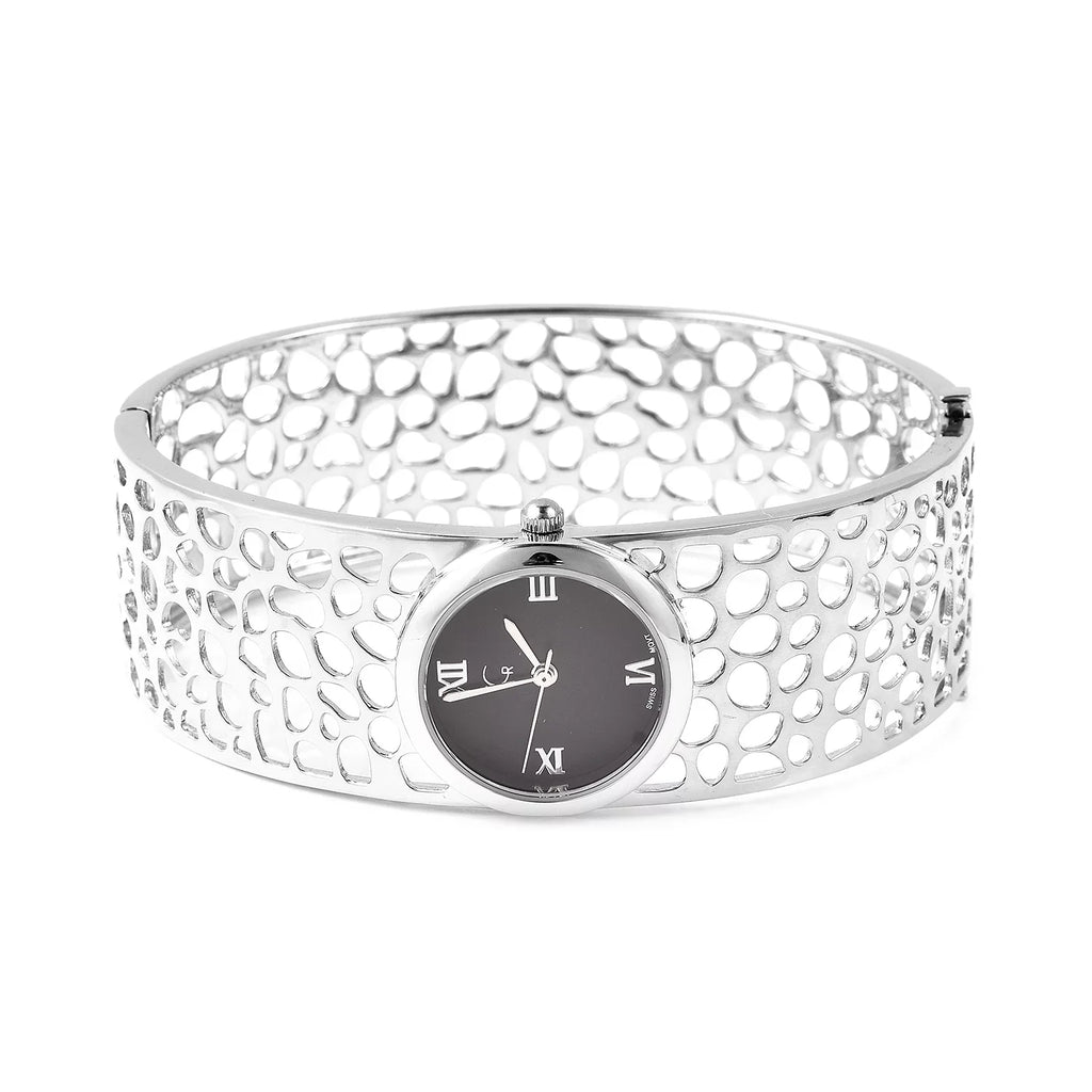 Rachel Galley Swiss Movement Watch Bangle Bracelet Silver Back 7.5 in