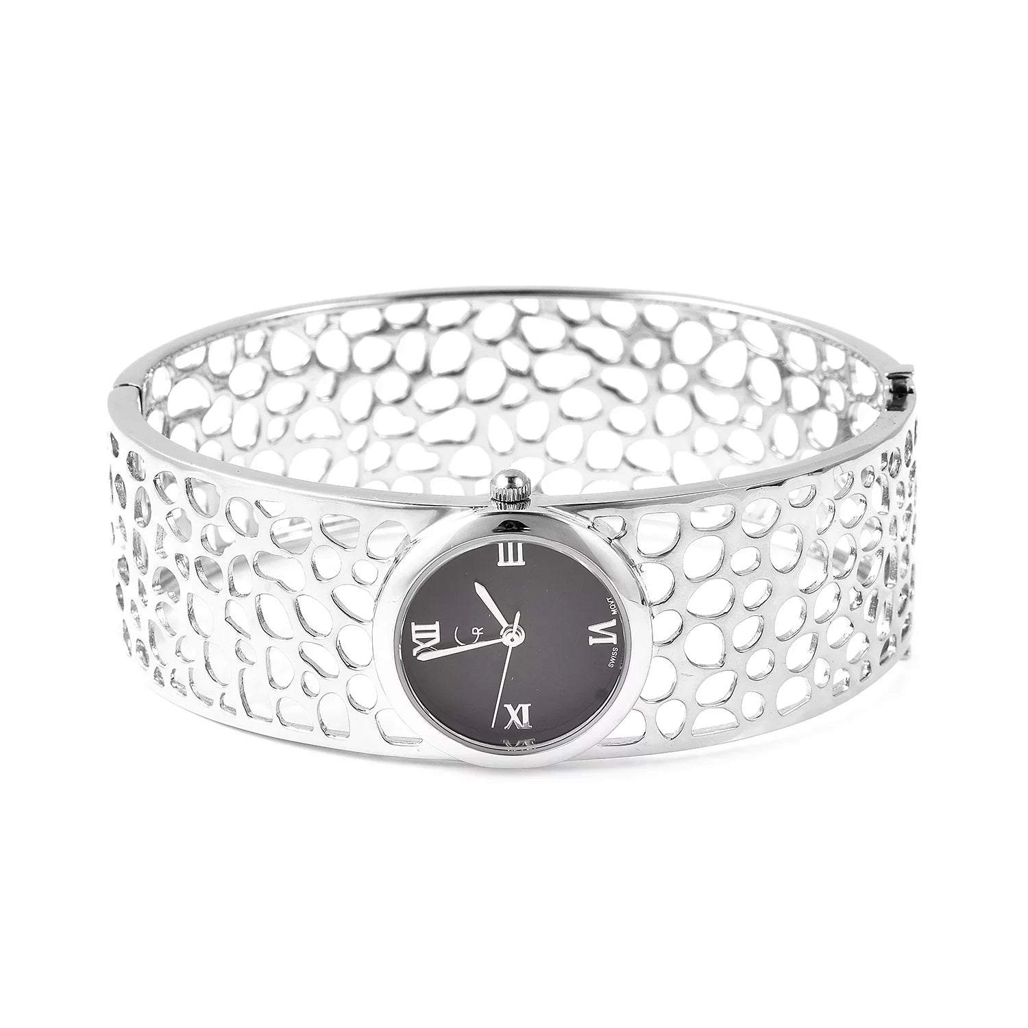 Rachel Galley Swiss Movement Watch Bangle Bracelet Silver Back 7.5 in