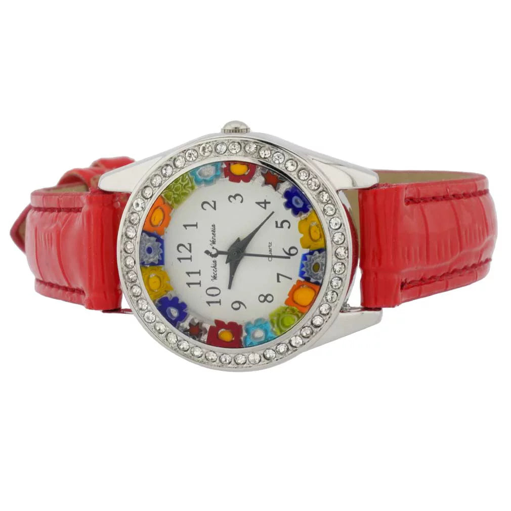 GlassOfVenice Murano Glass Watch Millefiori And Crystals With Leather Band - Red