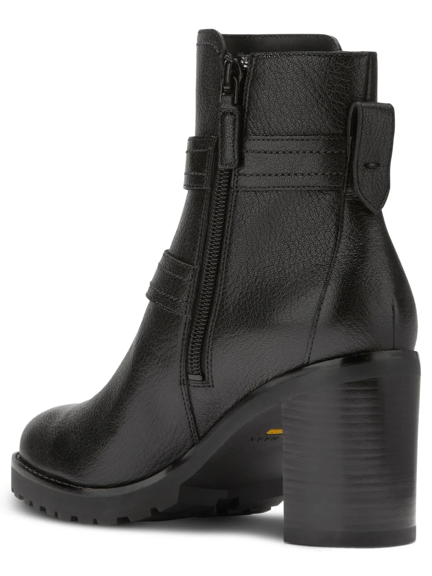 Womens Black Buckle Accent Foster Almond Toe Stacked Heel Zip-Up Leather Booties 5