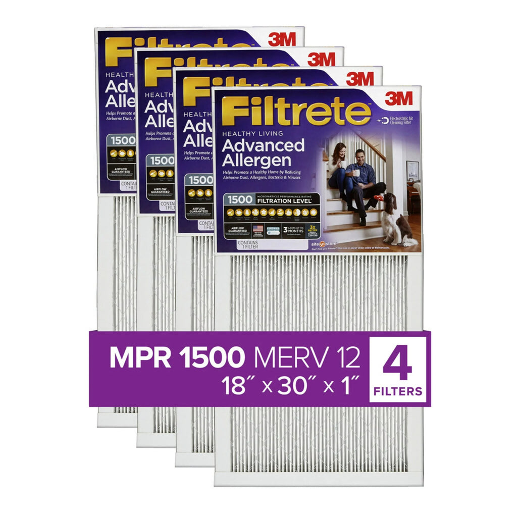 Filtrete 18x30x1 Air Filter,  1500  12, Advanced Allergen Reduction, 4 Filters
