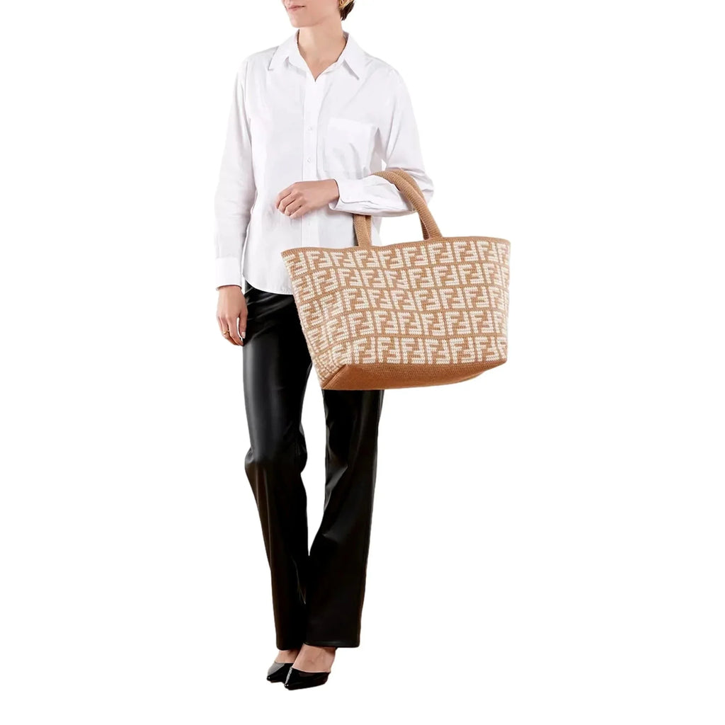 Fendi  Cammello Beige Knitted Cashmere Large Shopper Tote Bag