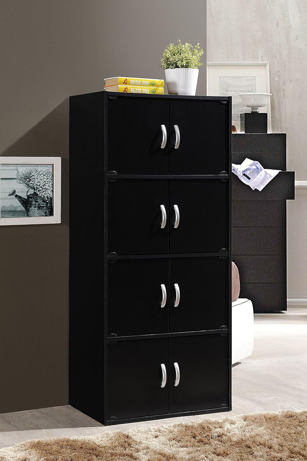 8 Door 4 Shelf Modern Wooden Heavy Duty Floor Mount Multipurpose Storage Bookcase Cabinet with Installation Hardware, Black