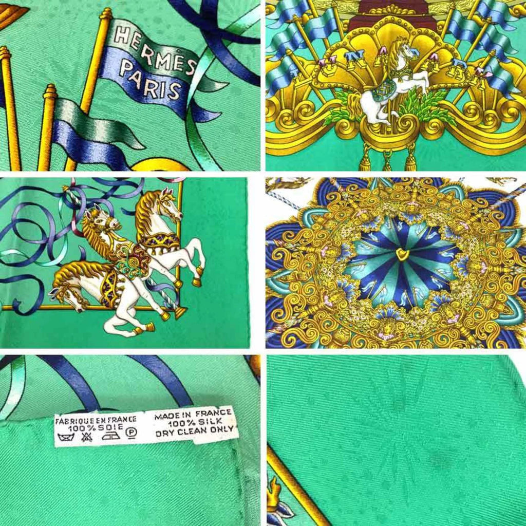 Pre-Owned  Carre 90 Scarf Muffler   Amusement Park Carousel Embroidery Green 100% Silk Hermes aq5159 (Good)