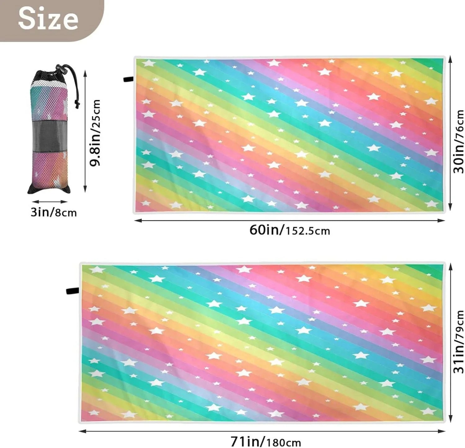 Bestwell Rainbow Star Beach Towel Oversized Towel Blanket, Thin Lightweight Microfiber Sand Free Quick Dry Towel, 30”” Multipurpose Pool Bath Yoga Swim Shower Towel