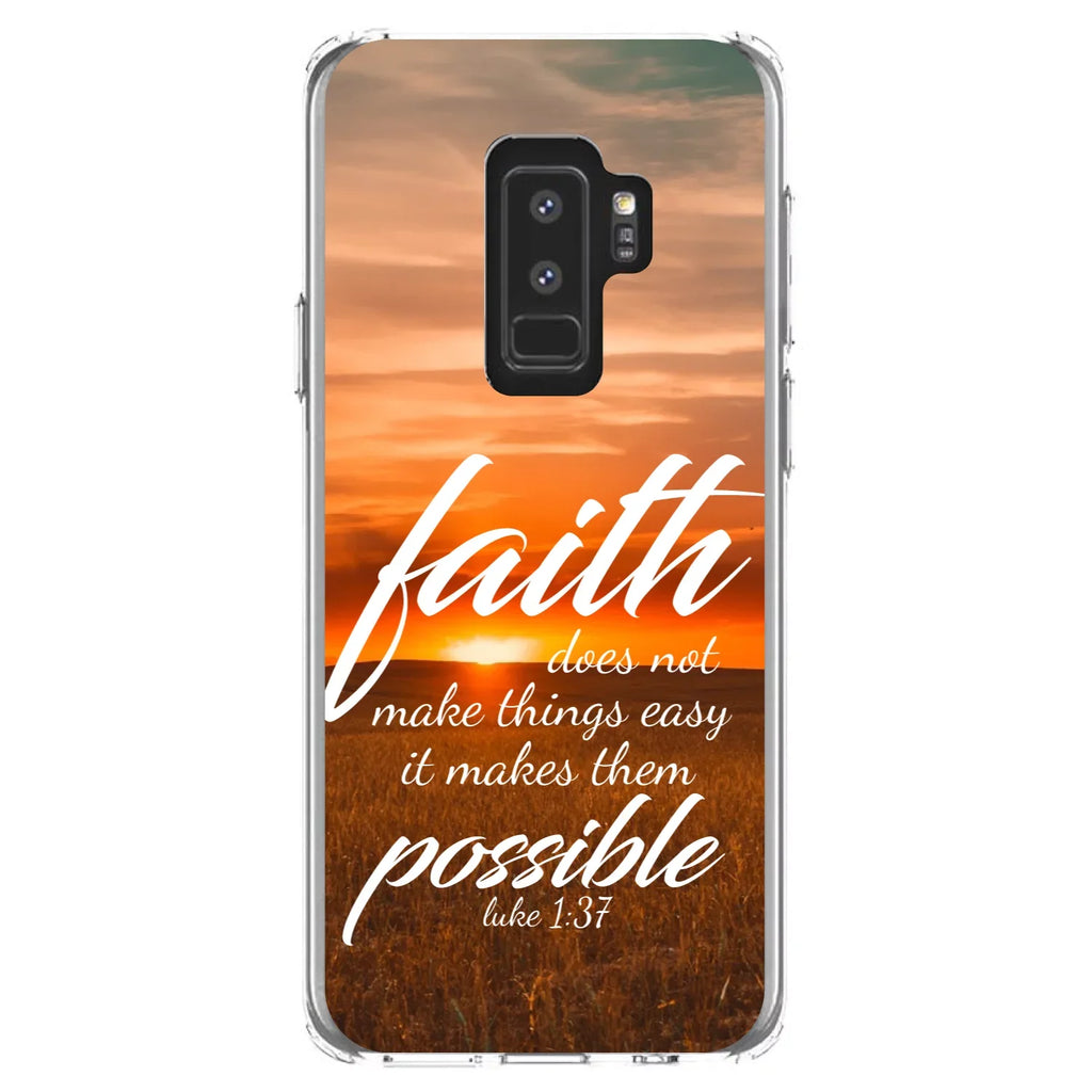 DistinctInk Clear Shockproof Hybrid Case for Samsung Galaxy +  (6.2" Screen) -  Bumper, Acrylic Back, Tempered Glass Screen Protector - Luke 1:37 - Faith Does Not Make Easy Makes Possible