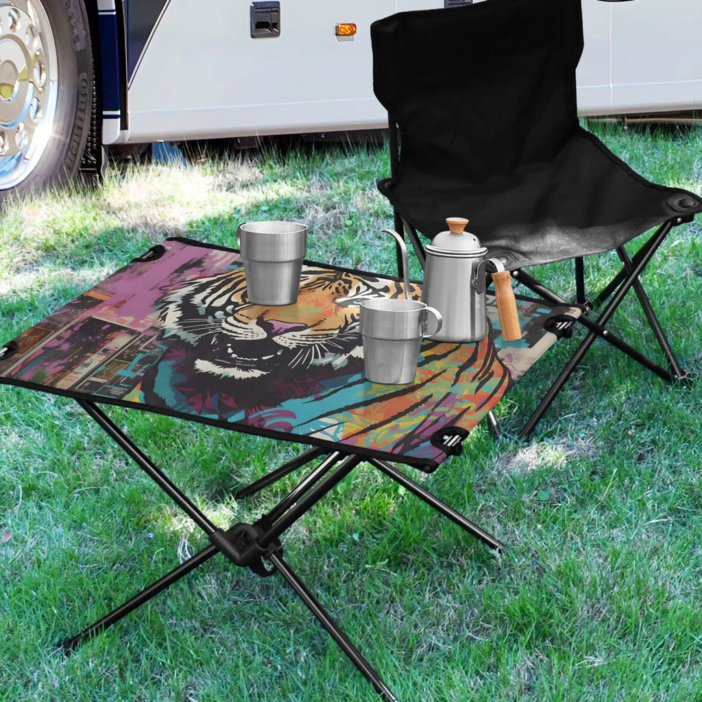 Tiger Abstract Camping Foldable Portable Table Beach Table with Storage Bag Compact Picnic Table for Outdoor Hiking Fishing