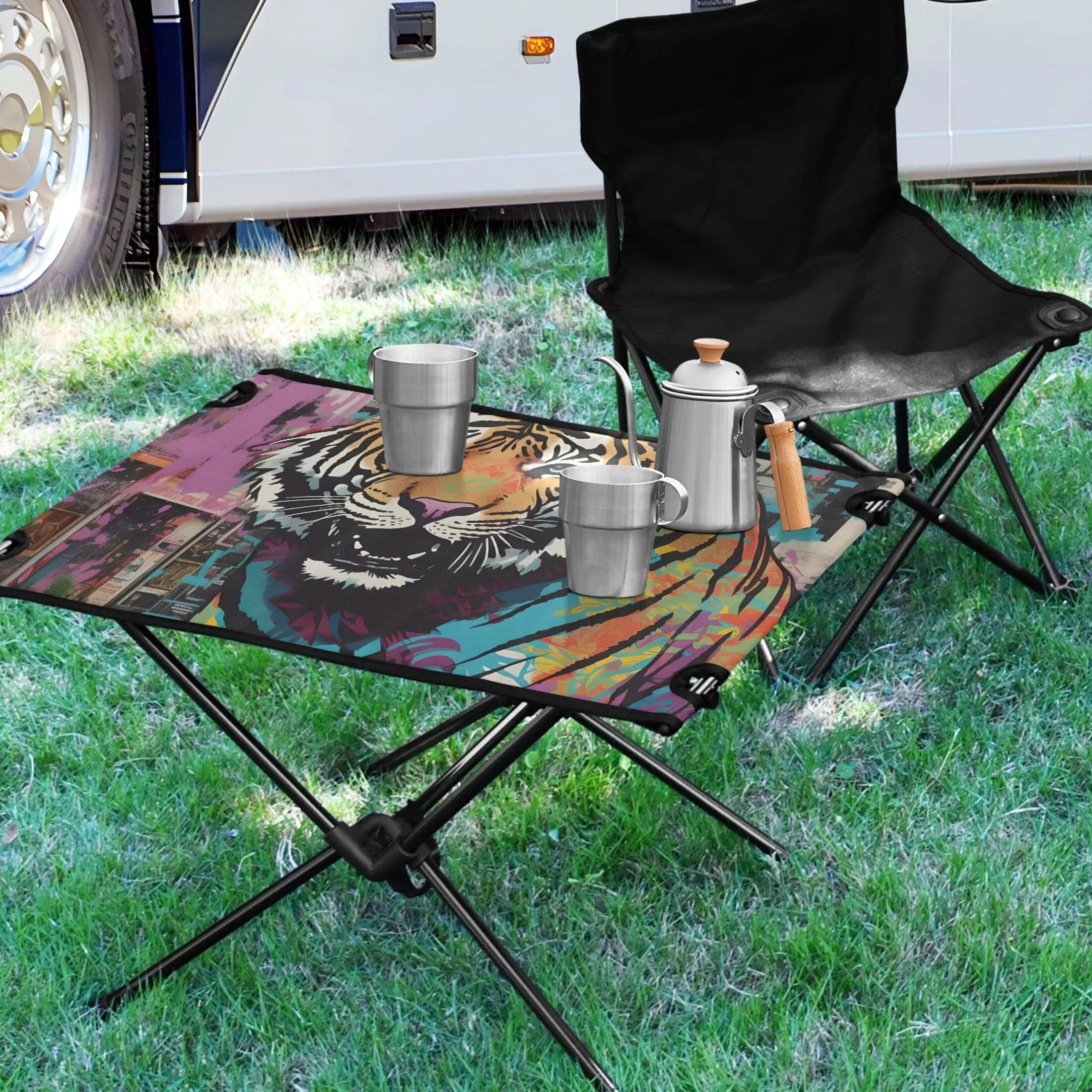 Tiger Abstract Camping Foldable Portable Table Beach Table with Storage Bag Compact Picnic Table for Outdoor Hiking Fishing