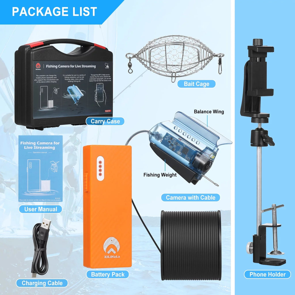 Carevas 1080P Underwater Fishing Camera with  Control Fishing Live Video Camera Fish Finder with 50M Cable Mobile Phone Holder Bait Cage Carry Case for Ice Lake Sea Boat Kayak Fishing