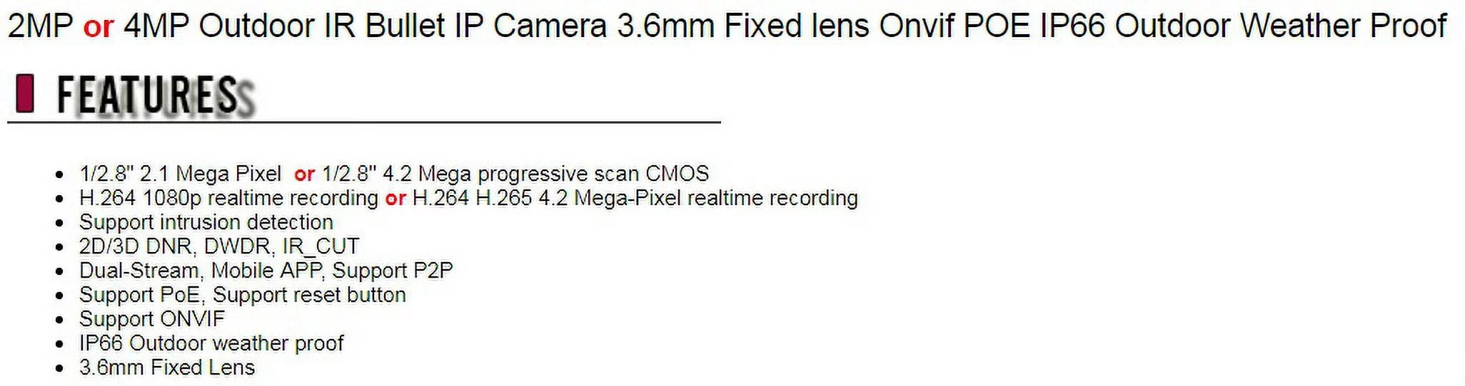 Eyemax 2MP Outdoor  Bullet  Security Camera 3.6mm Fixed lens Onvif   Outdoor Weather Proof