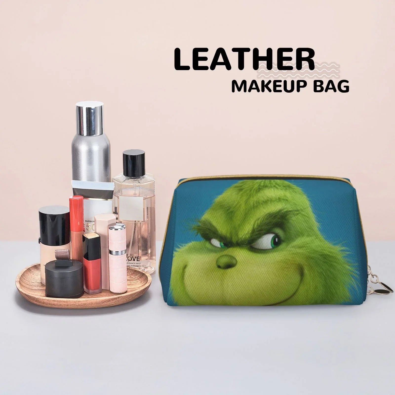 Grinch Cosmetic Bag Makeup Organizer Leather Portable Pouch Gift Travel Toiletry Bag Storage Purse