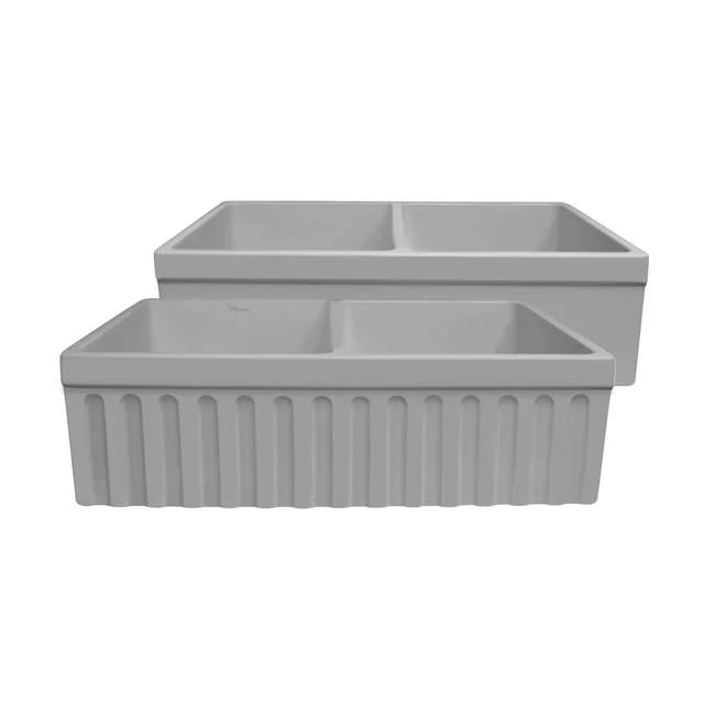 Whitehaus Collection  Farmhaus Fireclay Quatro Alcove Reversible Double Bowl Fireclay Sink with a Fluted Front Apron - Matte Light Cement