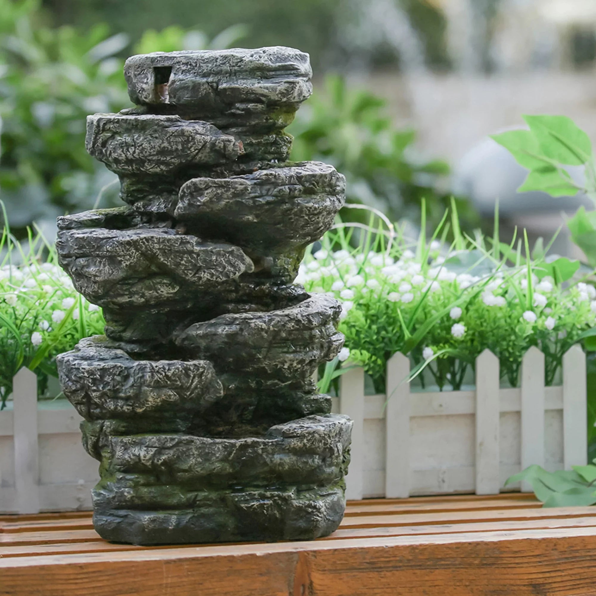 9x5x14" Indoor Gray Stone-Look Water Fountain, 7-tier Polyresin Cascading Rock Tabletop Fountain with  Light