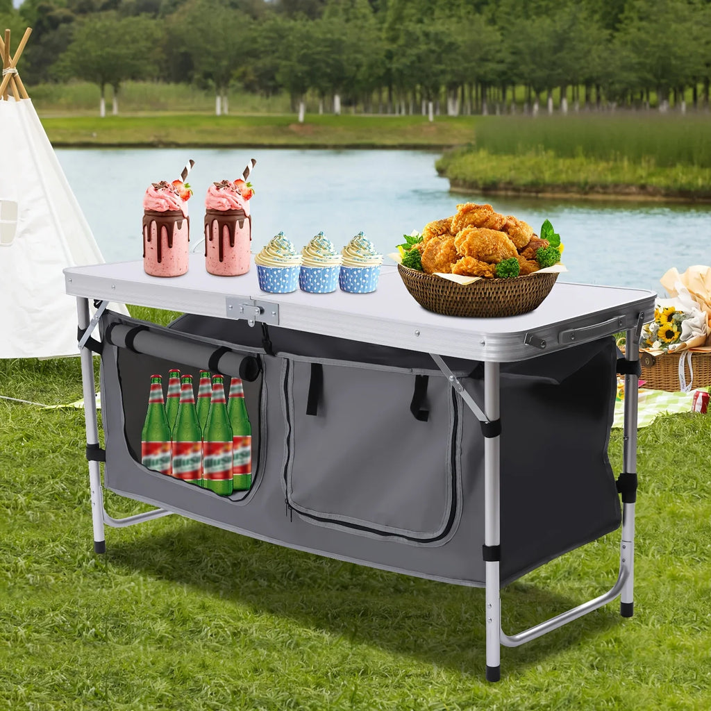 Folding Camping Table with Storage Compartment Lightweight Camp Kitchen Table Height Adjustable Indoor Outdoor Table Perfect for Tailgating Backyards  Picnic