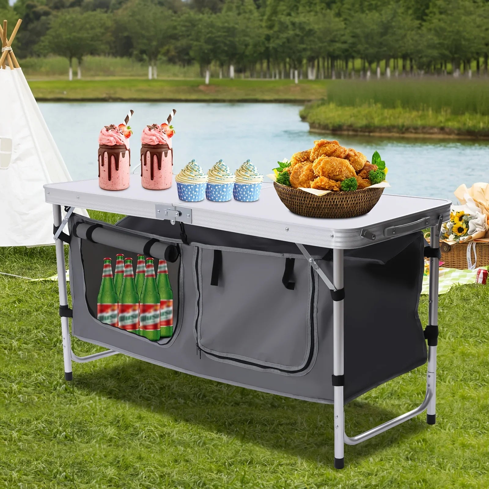 Folding Camping Table with Storage Compartment Lightweight Camp Kitchen Table Height Adjustable Indoor Outdoor Table Perfect for Tailgating Backyards  Picnic