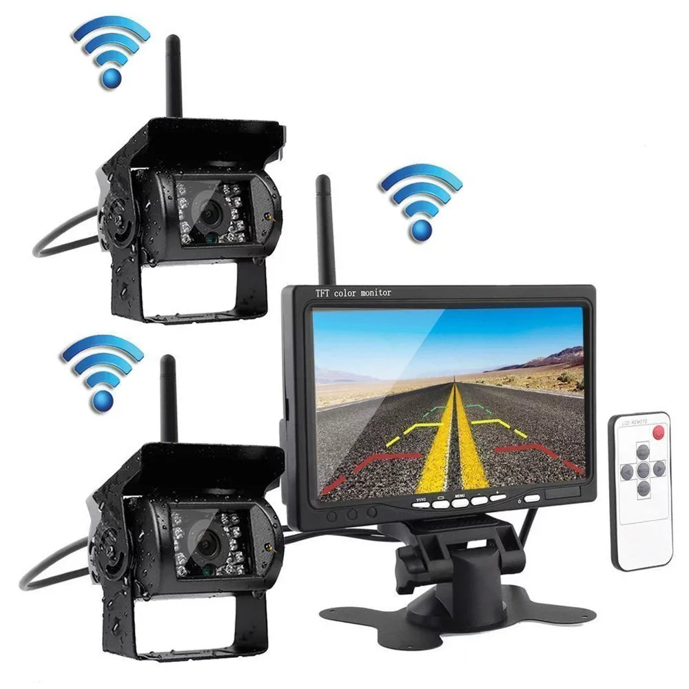 7" with Monitor Wireless Dual Backup Cameras Parking Assistance Night Vision Waterproof Rear View Camera for  Truck Trailer Bus