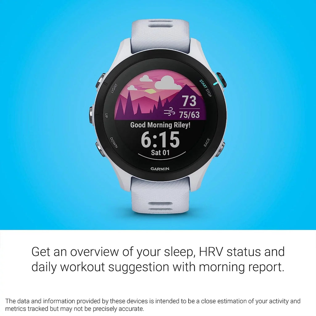 Garmin Forerunner 255S Music, Smaller  Running Smartwatch with Music, Advanced Insights, Long-Lasting Battery, Whitestone with Charging Base,  Car/Wall Adapters & 6Ave Cleaning Kit