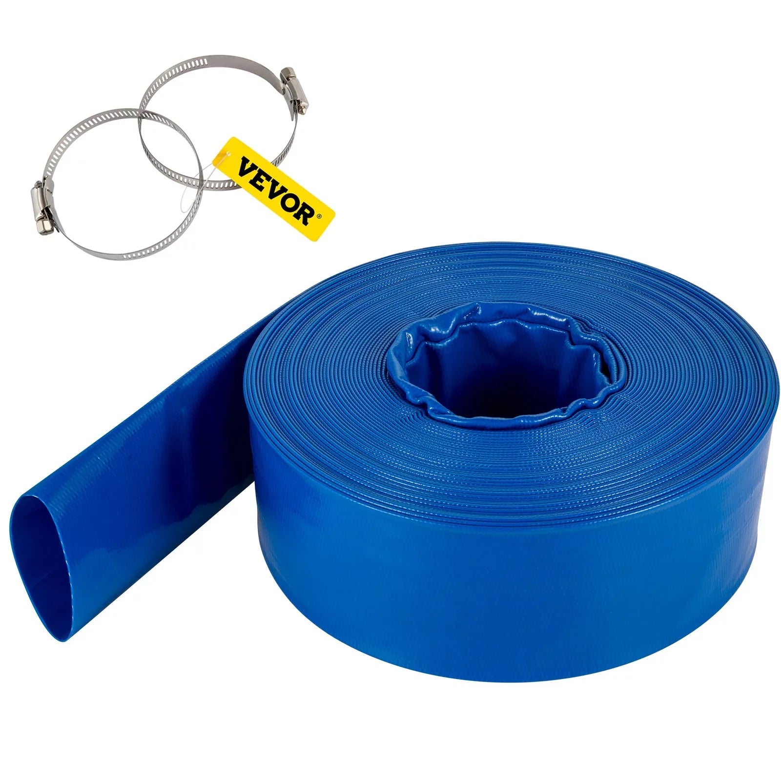 Discharge Hose, 1-12" x 105',  Fabric Lay Flat Hose, Heavy Duty Backwash Drain Hose with Clamps, Weather-proof & Burst-proof, Ideal for Swimming Pool & Water Transfer, Blue
