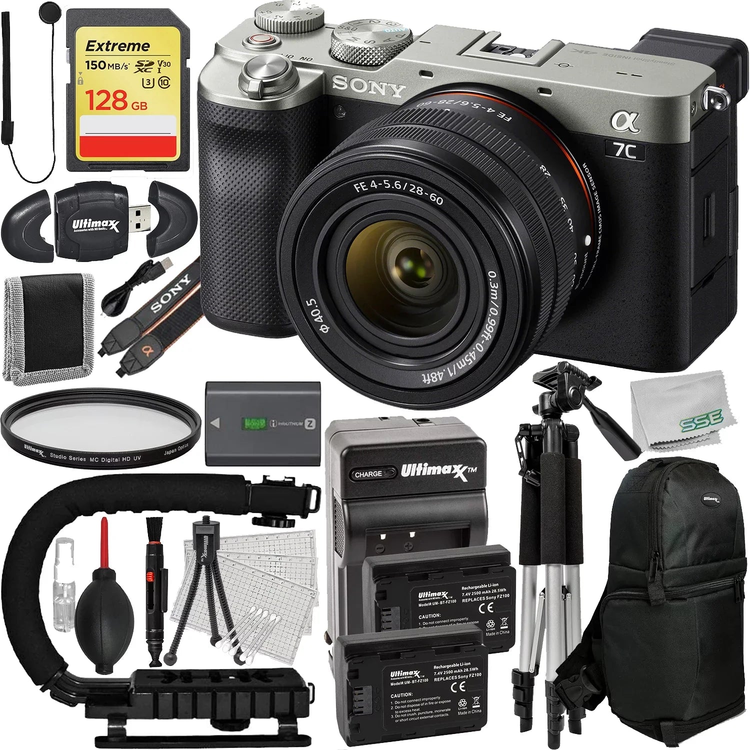 Sony Alpha a7C Mirrorless Digital Camera with 28-60mm Lens (Silver) + 128GB Extreme , 2x Replacement Batteries, Lightweight 57” Tripod & Much More (26pc Bundle)