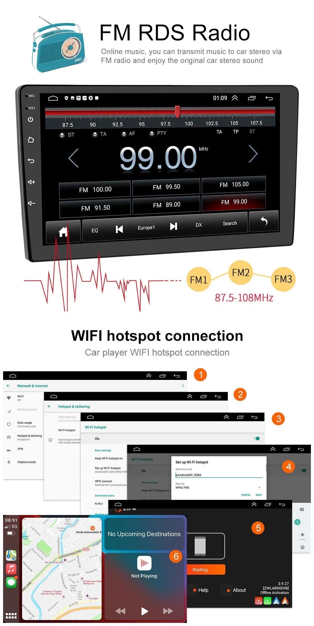 Android 2+32GB Car Stereo Wireless Carplay Android Auto Double Din Radio 10.1" 1280*720  Screen WiFi  Navigation Bluetooth  / Receiver  Backup Camera