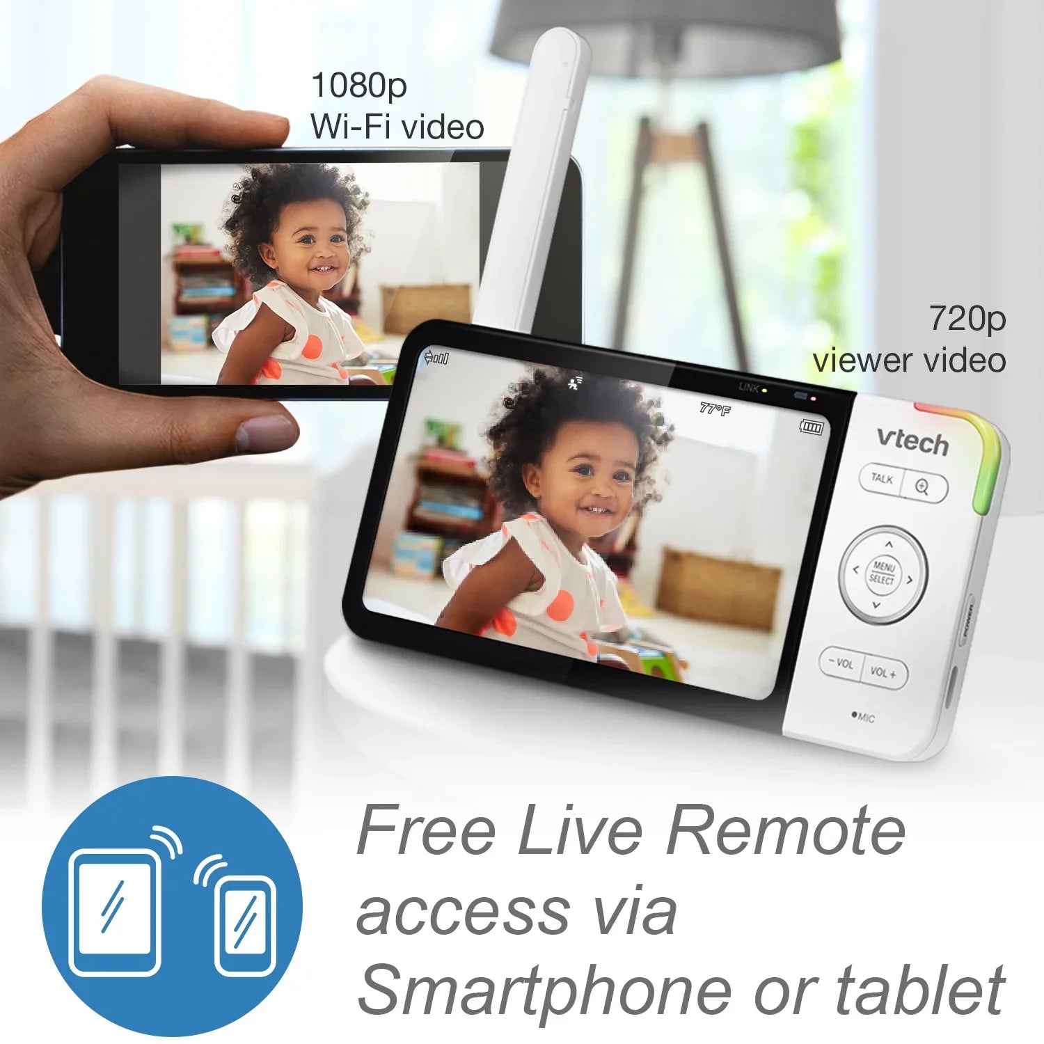 VTech Smart WiFi Video Baby Monitor with 5-inch High Definition Display and 1080p 360-Degree Panoramic Viewing Pan and Tilt  Camera, , White