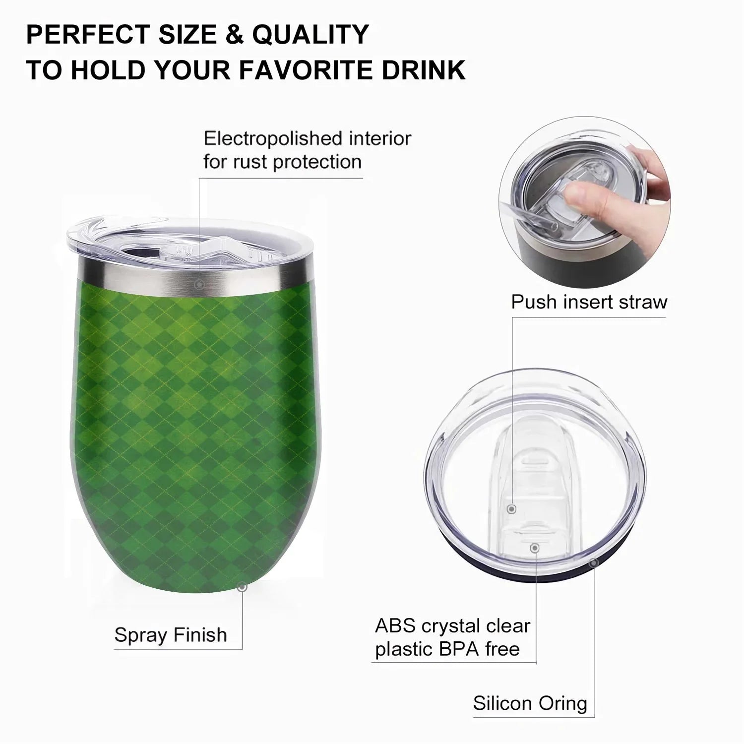 Hidove 12oz 304 Stainless Steel Vacuum Insulated Cups, Green Argyle Textured Background Eggshell Cup  Shape Tumbler Cups with Lid, Double Layer Insulation Wine Cup Big Belly Cup