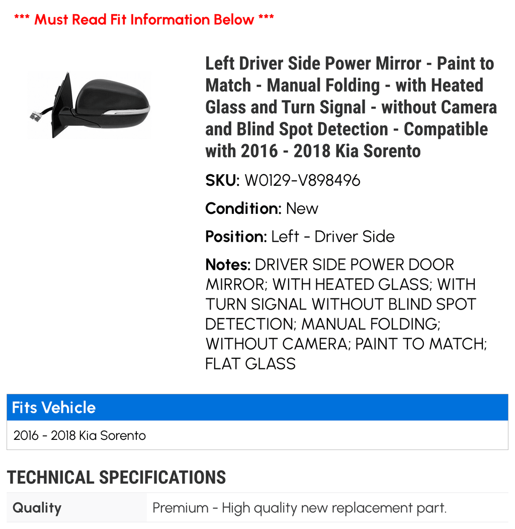 Left Driver Side Power Mirror - Paint to Match - Manual Folding - with Heated Glass and Turn Signal - without Camera and Blind Spot Detection - Compatible with 2016 - 2018 Kia Sorento 2017