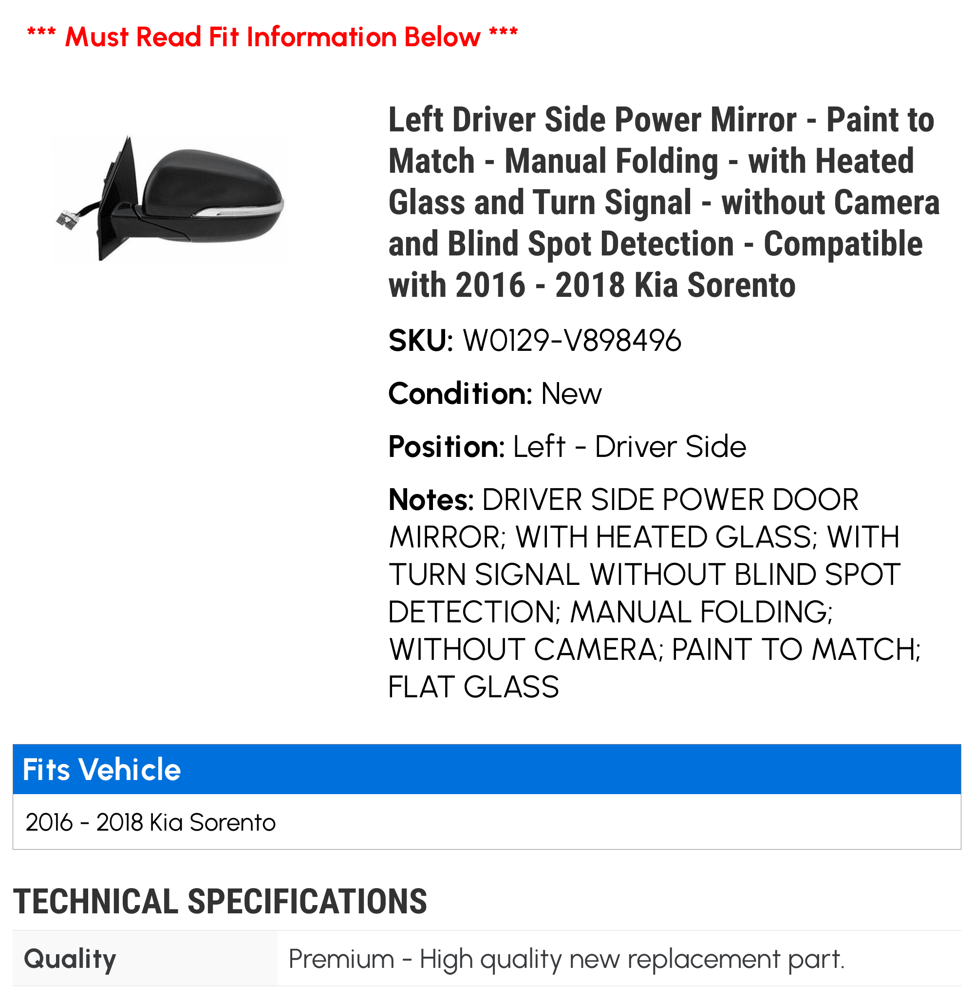 Left Driver Side Power Mirror - Paint to Match - Manual Folding - with Heated Glass and Turn Signal - without Camera and Blind Spot Detection - Compatible with 2016 - 2018 Kia Sorento 2017