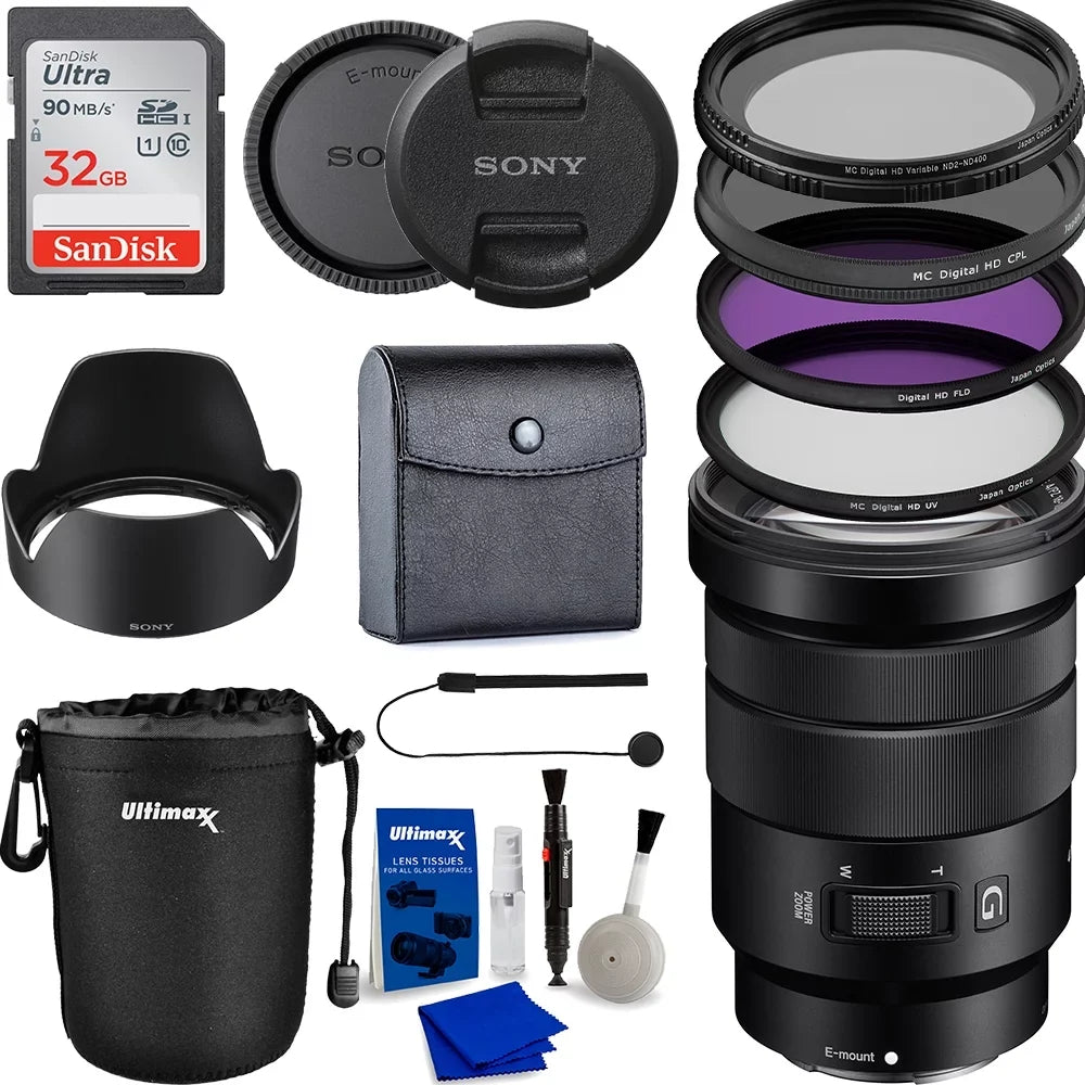 Sony   18-105mm f/4   Lens with Essential Accessory Bundle - Includes: Water Resistant Lens Pouch, SanDisk 32GB Memory Card, 3 Piece Multicoated  Filters with Case (,, ), Variable Neu