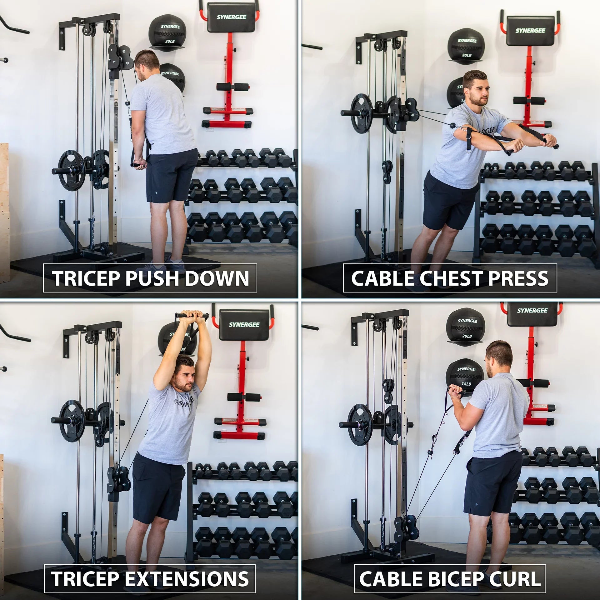 Synergee Wall Mounted Adjustable Dual Pulley Machine. Home Cable Attachment Station for Pulley System. For 1” and 2” Opening Weight Plates. Includes 2 Nylon Handles and Universal Attachment Points.