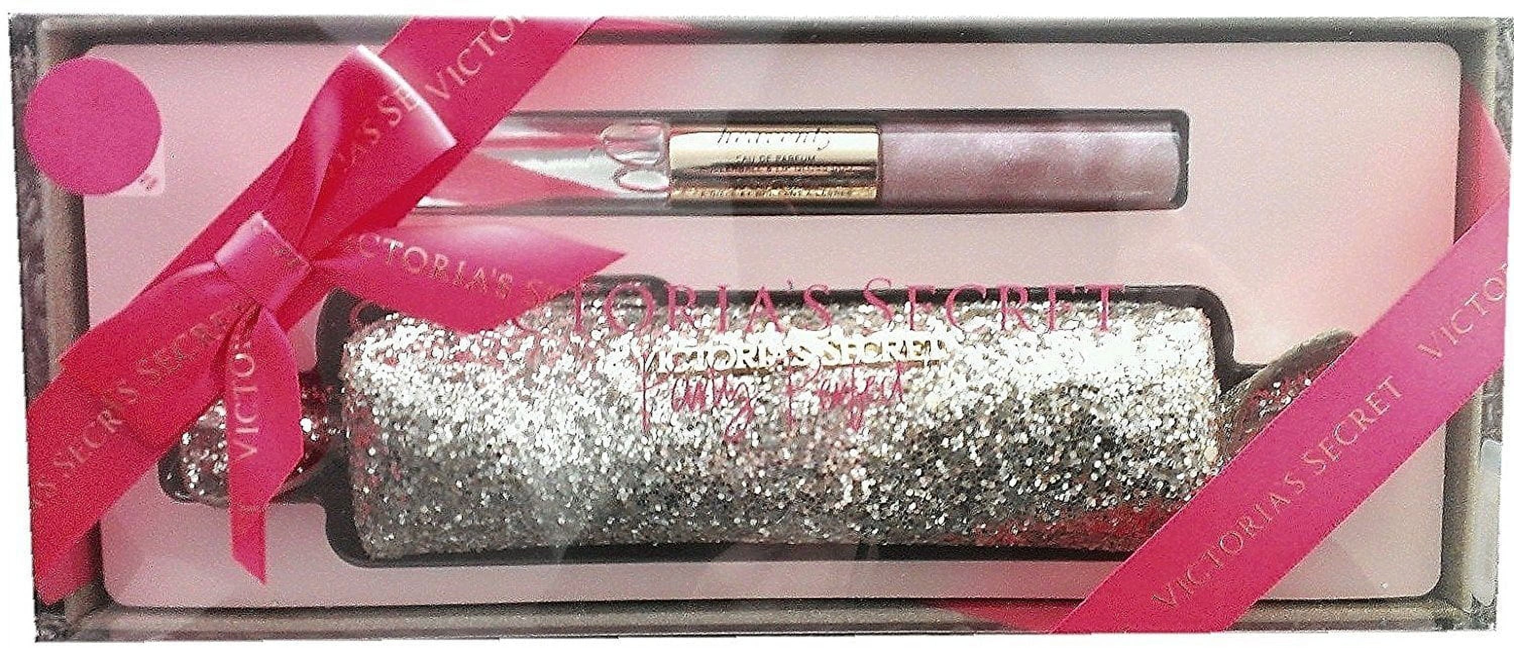 Victoria's Secret Heavenly Rollerball Lip Gloss Duo Eau De Parfum & Glitter Bag Party Set Gold Sparkle Bag Perfume