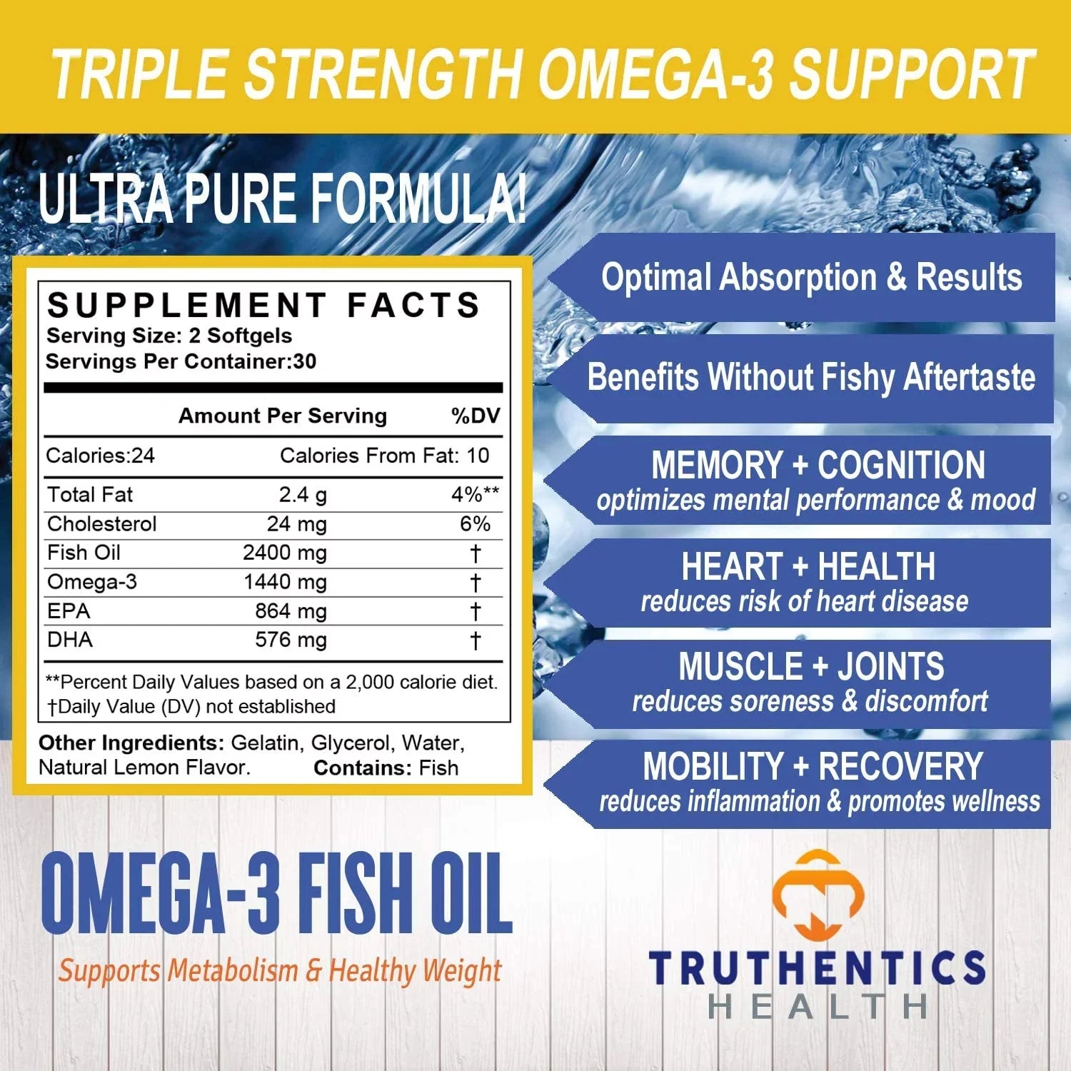 Truthentics Omega 3 Fish Oil 2400 mg (2 Pack) - 100% Pure Sea-Harvested Triple Strength Fish Oil - High   Omega 3 Fatty Acids - Lemon Flavor - 120 Burpless Softgels