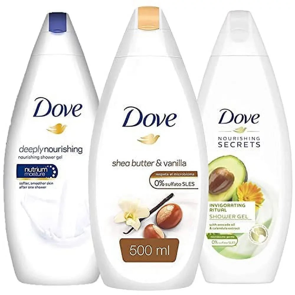 Dove Variety Pack Body Wash, Shea Butter, Glowing Ritual Lotus Flower, And Invigorating Ritual Avacado Oil For Pampering And Softening Skin, Natural Moisturizers, 16.9 Ounces Each, 3 Count.