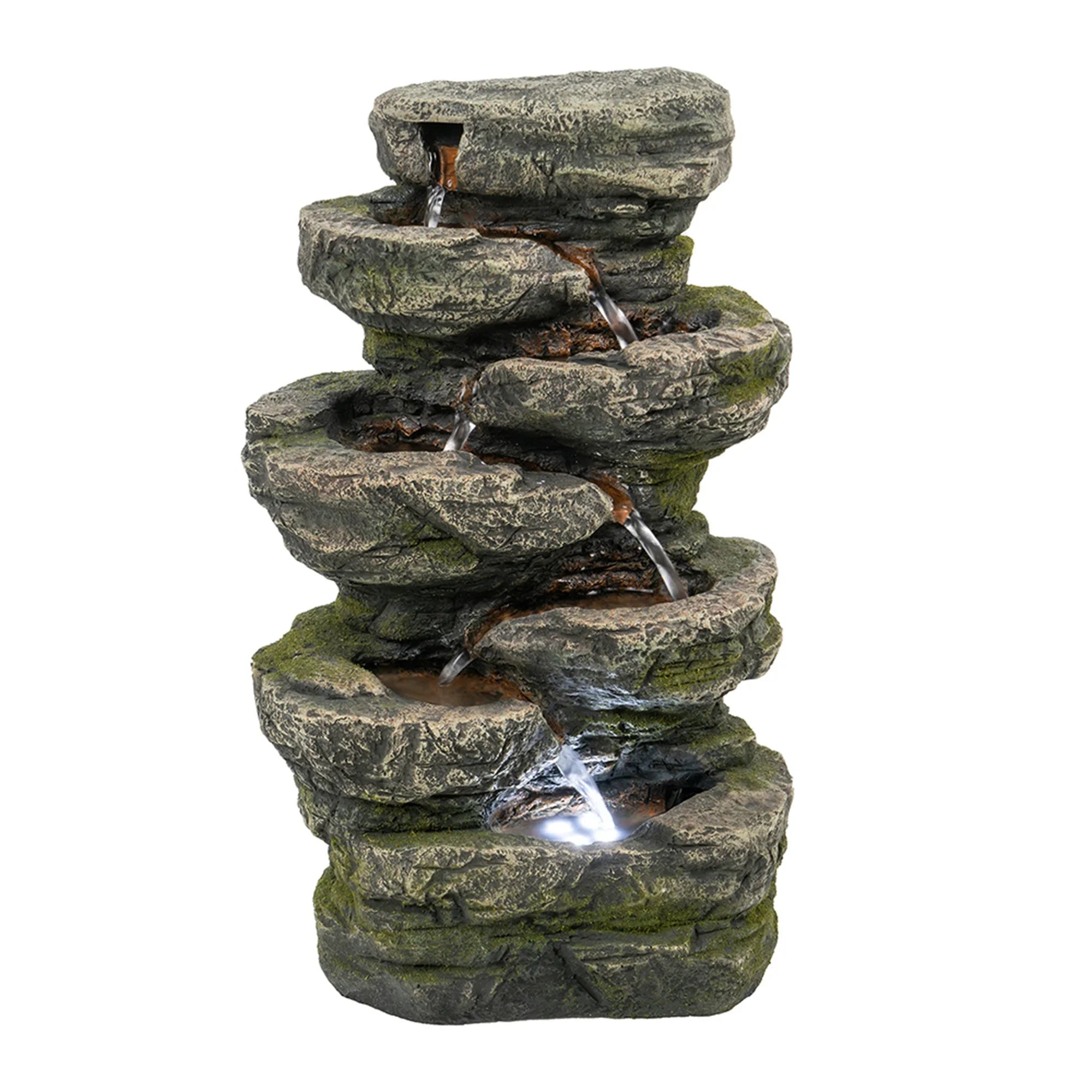 9x5x14" Indoor Gray Stone-Look Water Fountain, 7-tier Polyresin Cascading Rock Tabletop Fountain with  Light