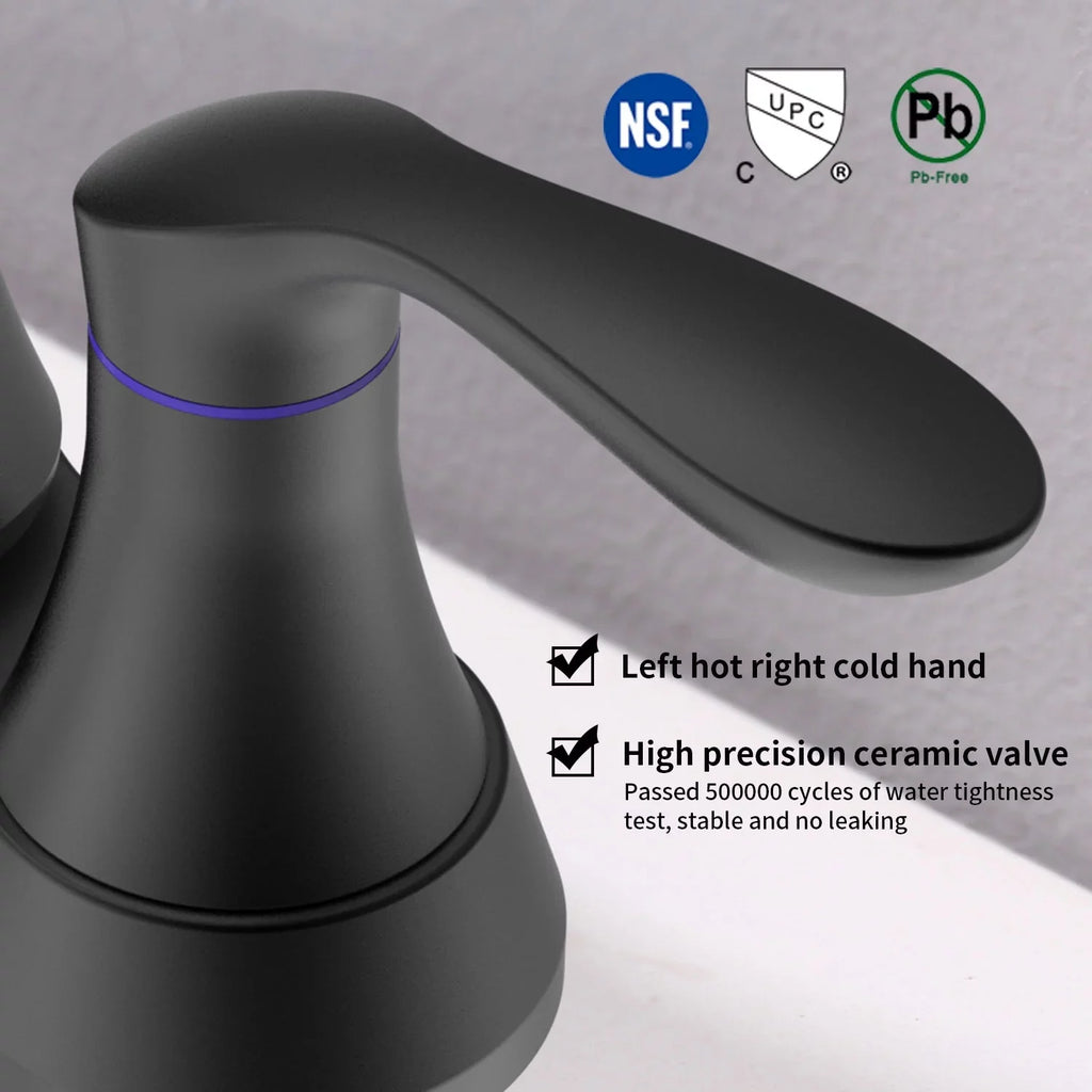Kichae 6 Inch Vanity Sink Faucet，2-Handle 360 Degree Swivel Bathroom Spout Centerset Faucet with Pop-up Drain & Supply Hoses，Matte Black