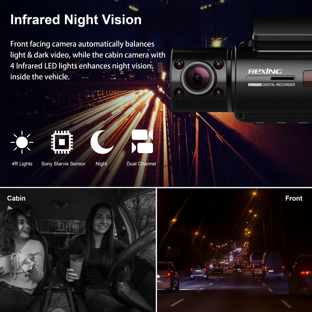 Rexing  Basic Dual Camera Front and Inside Cabin Full  1080p Dash Cam with Wi-Fi