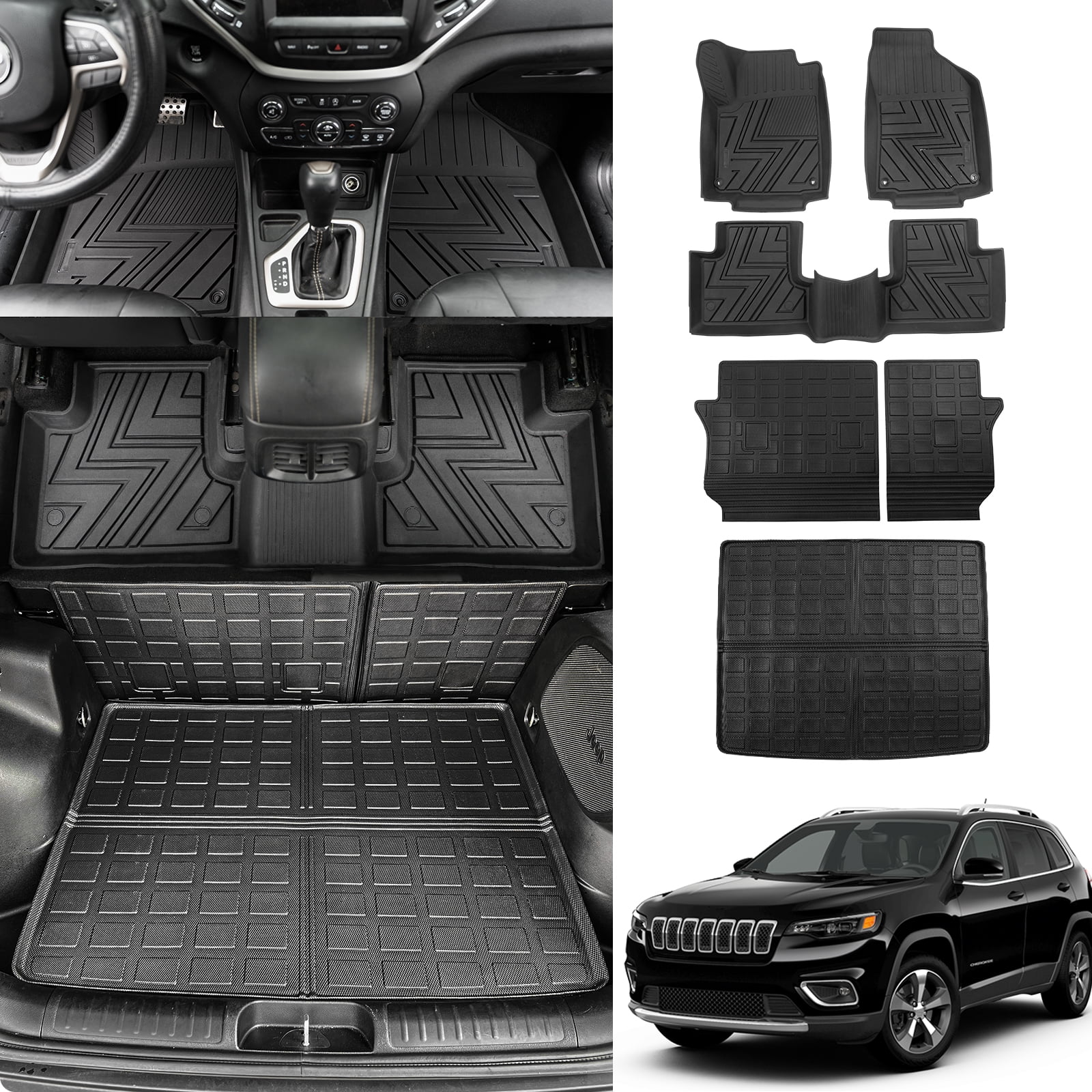 Floor Mats Compatible with 2019-2023 Jeep Cherokee Cargo Liner Trunk Mat  All Weather Back Seat Cover Protector 2022 Cherokee Accessories (Trunk Mat+Backrest Mats+Floor Mats)