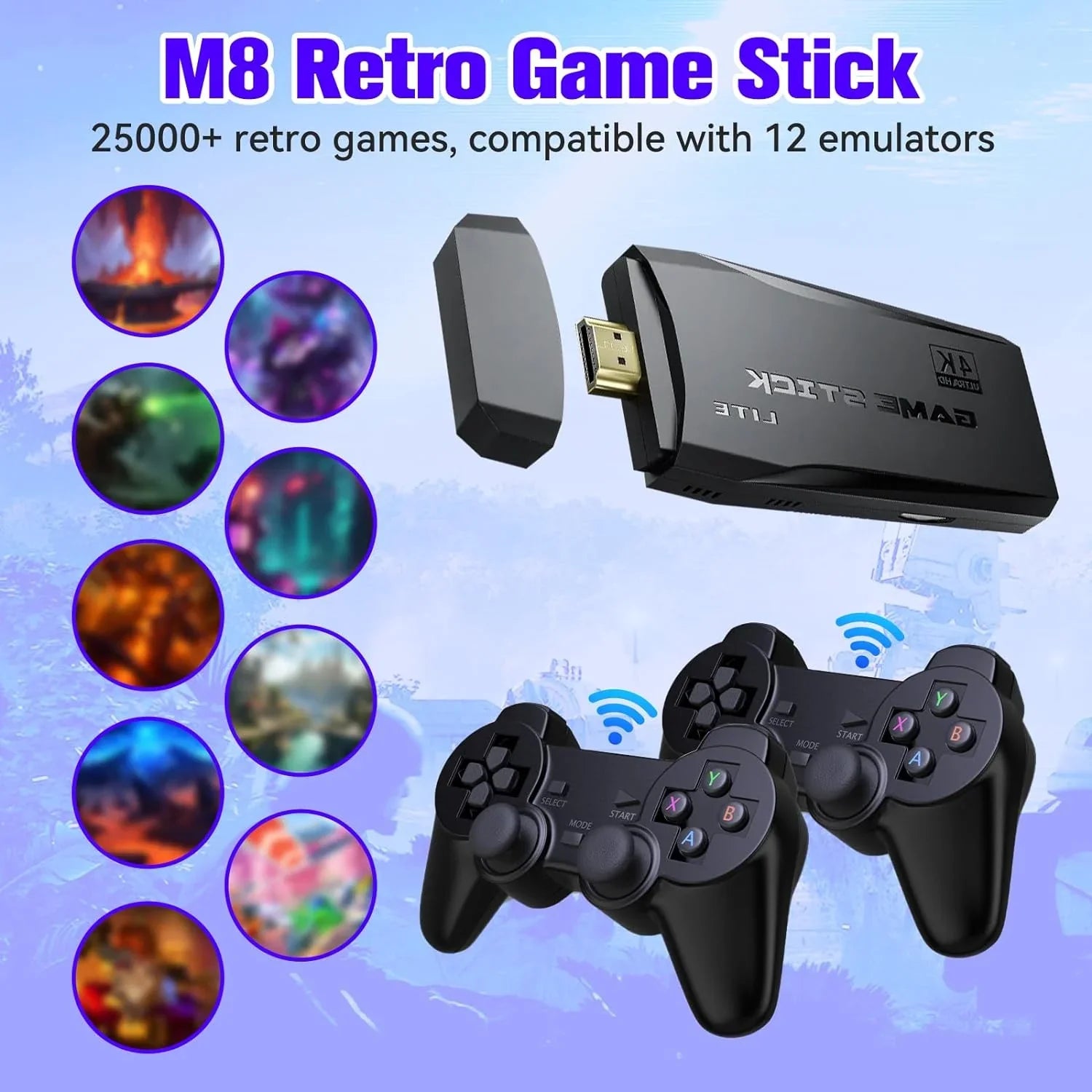 Game Stick 64G, 25,000+ Retro Games, Compatible with 12 Emulator Console, Wireless Retro Game Console Support 4K  Output, Plug and Play Video Games for , 2.4G Wireless Controllers
