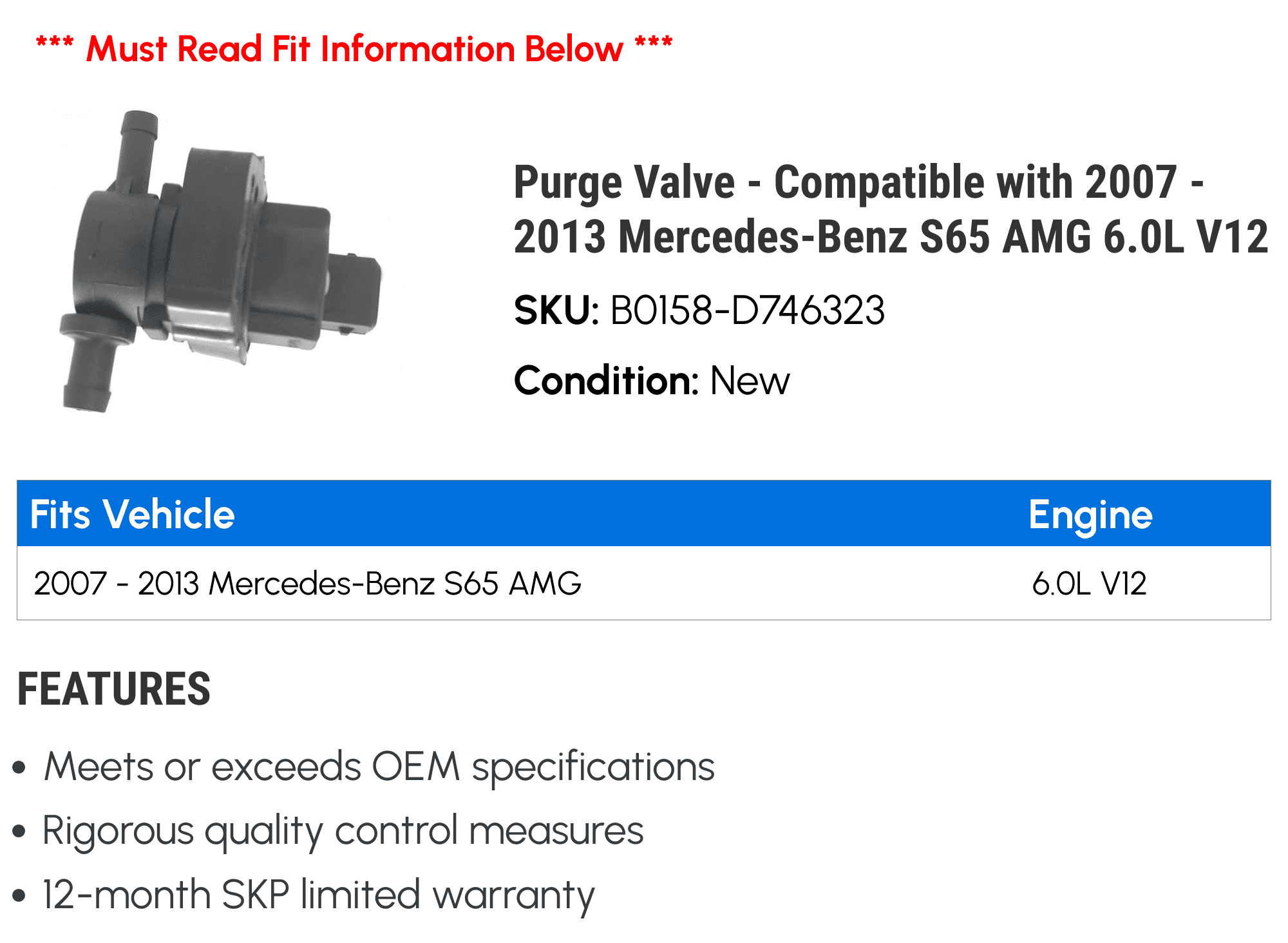 Purge Valve - Compatible with 2007 - 2013 Mercedes-Benz   6.0L  2008 2009 2010 2011 2012