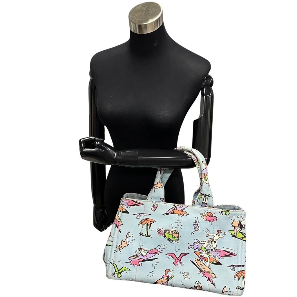 Pre-Owned  Prada Triangle Canapa Surfing Pattern Canvas Handbag Tote Bag Blue Multicolor 25905 (Good)