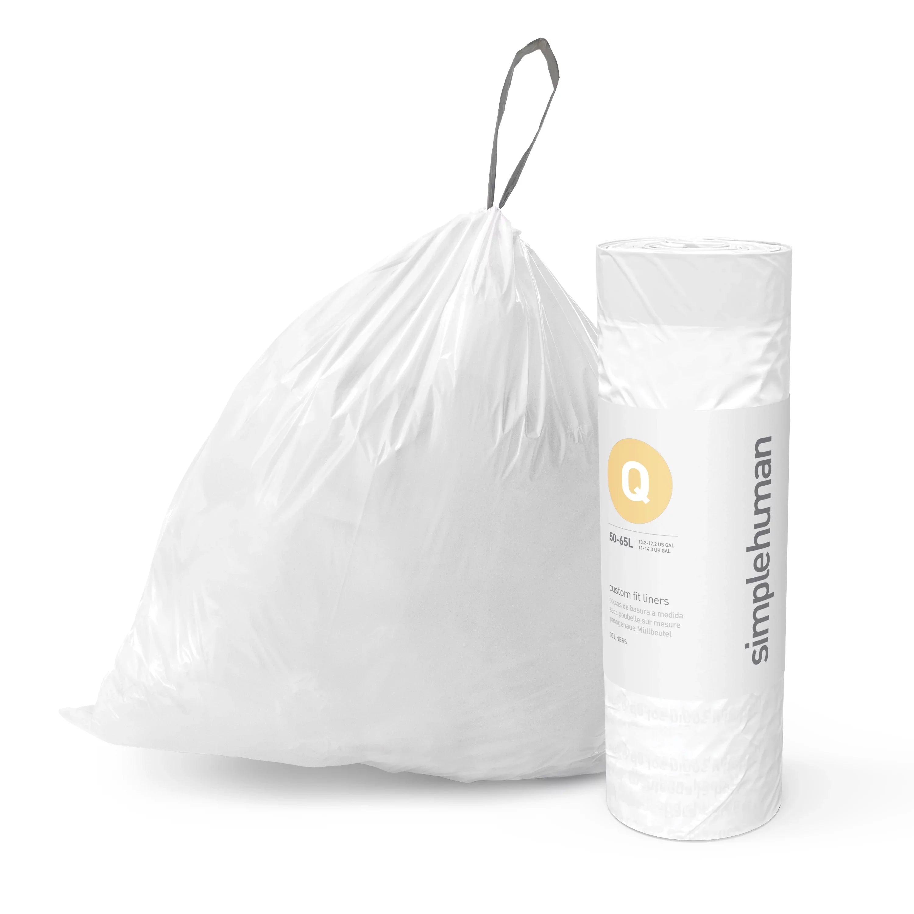 simplehuman Code  Custom Fit Drawstring Trash Bags, 240 Roll Pack, 50-65 Liter / 13-17 Gallon, White