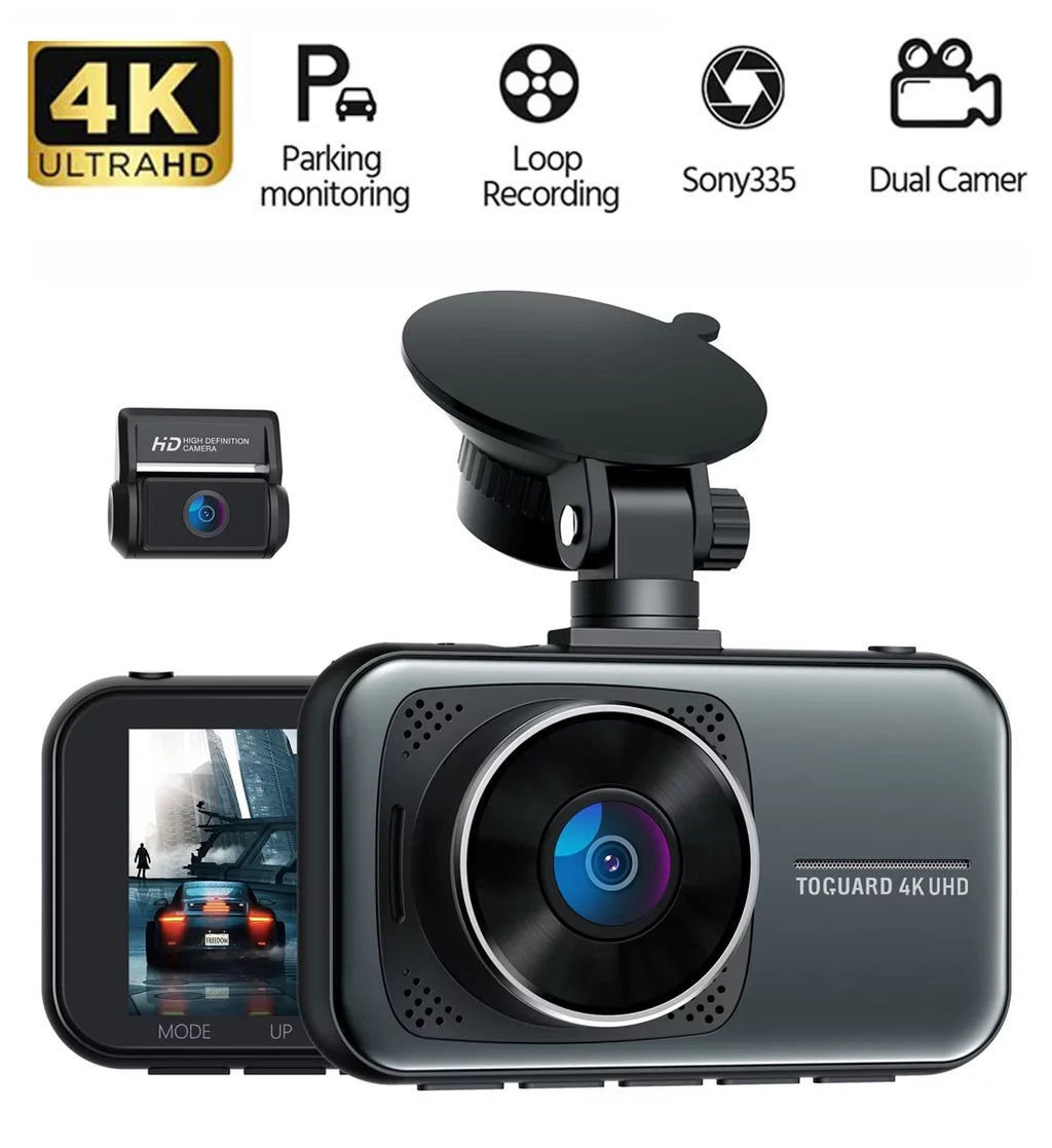 Toguard 4K Dash Cam Front and Rear Dual Dash Camera 3-inch   Car Camera with Parking Monitor, Loop Recording, -Sensor Function, Motion Detection, Built-in Battery
