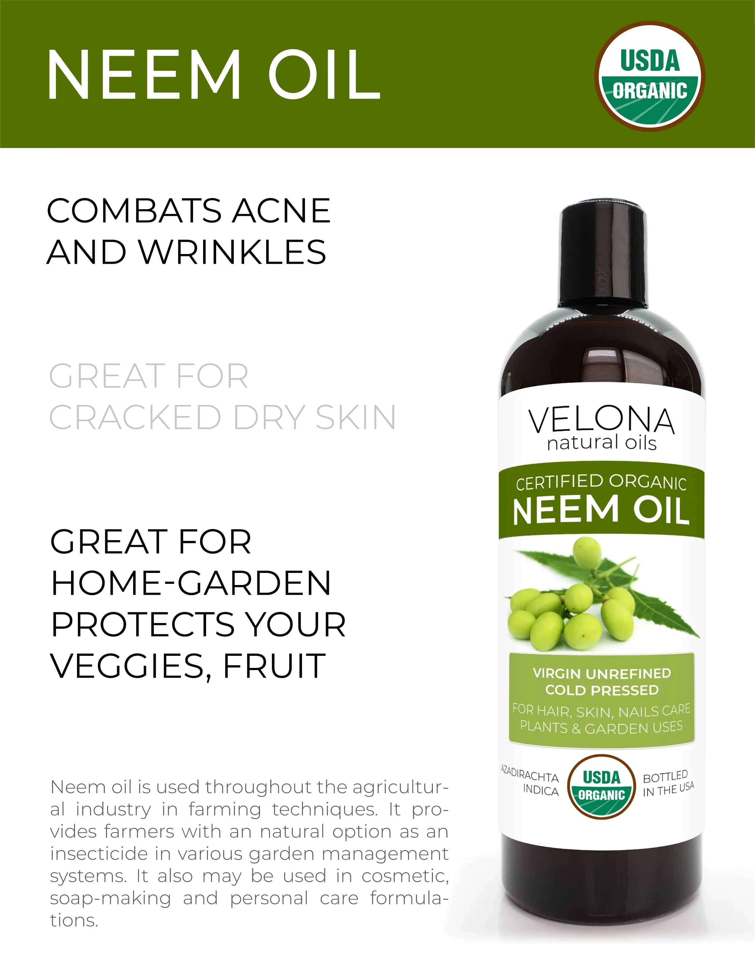 Velona Neem Oil  Certified Organic - 24 oz | 100% Pure and Natural Carrier Oil | Virgin, Unrefined, Cold Pressed | Hair, Body and Skin Care | Use Today - Enjoy Results