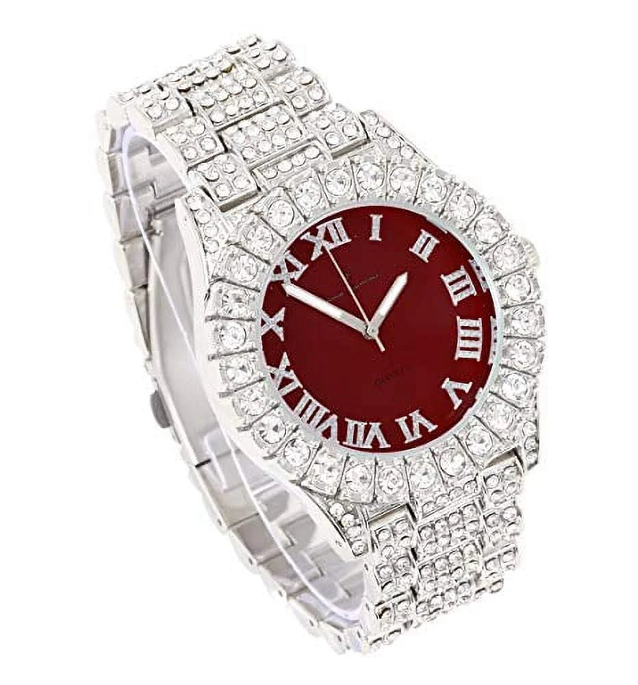 Women's Big Rocks Bezel Colored Dial with Roman Numerals Fully Iced Out Watch -  (Silver - Burgundy)