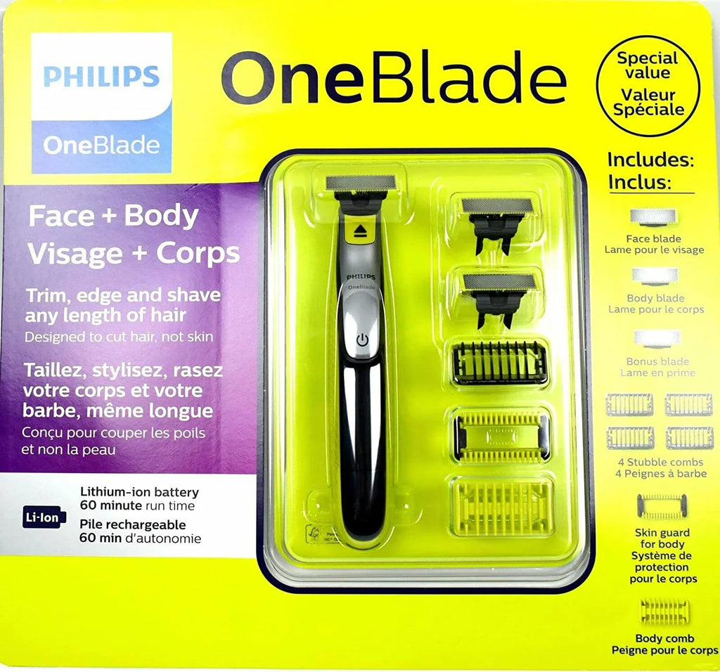Philips Norelco OneBlade Face Body Hybrid Electric Trimmer & Shaver + Blades, Skin Guard, /60