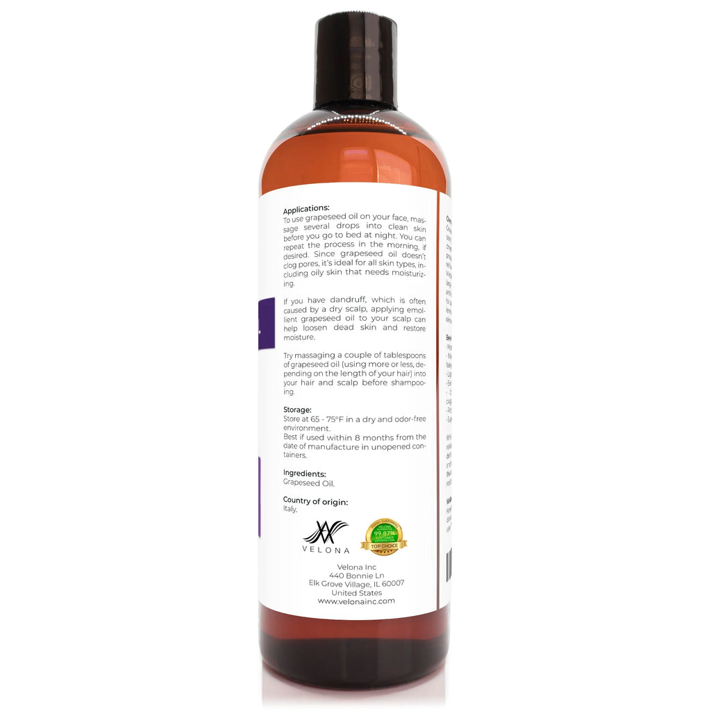 Velona Grapeseed Oil - 24 oz | 100% Pure and Natural Carrier Oil | Refined, Cold pressed | Cooking, Skin, Face, Body, Hair Care