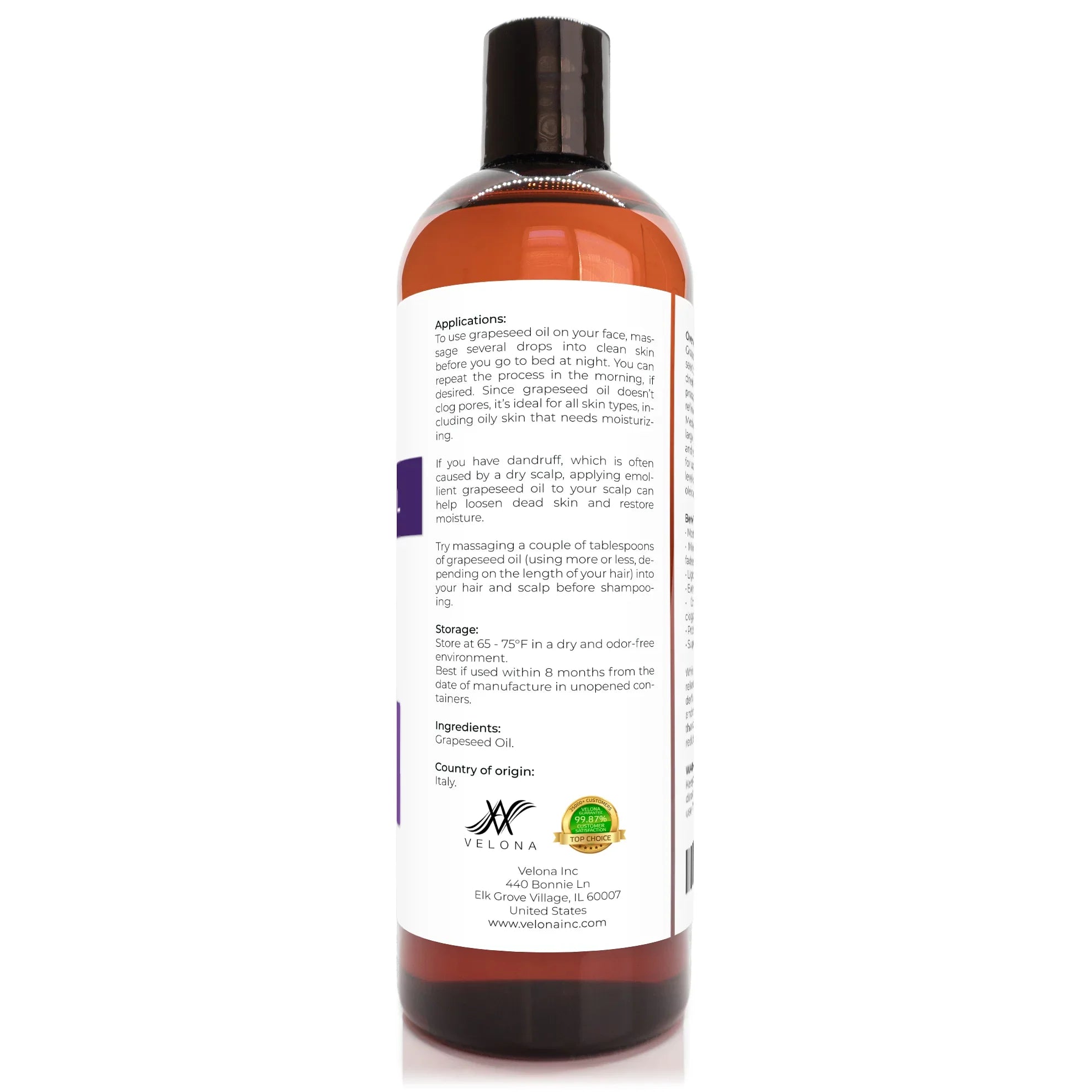 Velona Grapeseed Oil - 24 oz | 100% Pure and Natural Carrier Oil | Refined, Cold pressed | Cooking, Skin, Face, Body, Hair Care